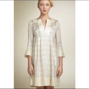 Diane Von Furstenberg Corina Metallic Lame Tunic Dress SZ 10 Pleated Gold Ivory